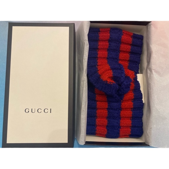 nwt NIB GUCCI Sylvie Web knot knit wool red and blue headband ear cover - Picture 2 of 5